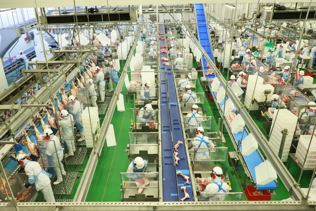 A foto mostra o interior de um abatedouro