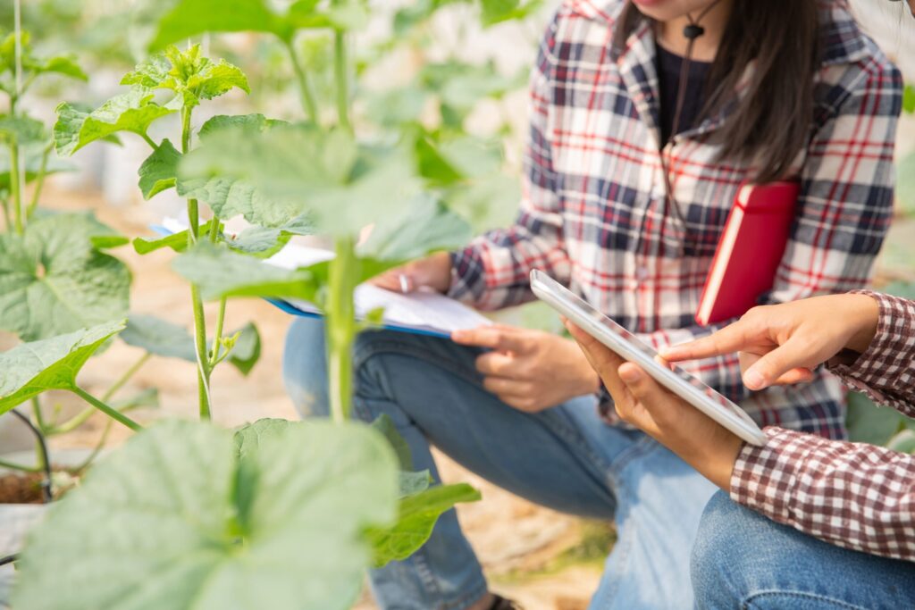 Foto de pessoas agachadas em meio a plantas e segurando cadernos.