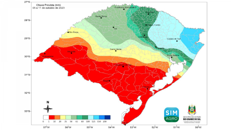Chuva prevista (mm) de 5 a 11 de outubro de 2023. Foto: Divulgação Seapi