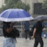 Foto de mulher e homem segurando guarda-chuva durante chuva.
