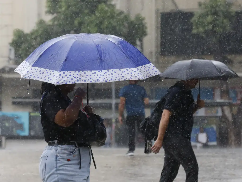 Foto de mulher e homem segurando guarda-chuva durante chuva.