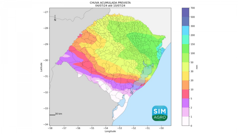 Mapa do Rio Grande do Sul indicando chuva prevista (mm) de 4 a 10 de julho de 2024.