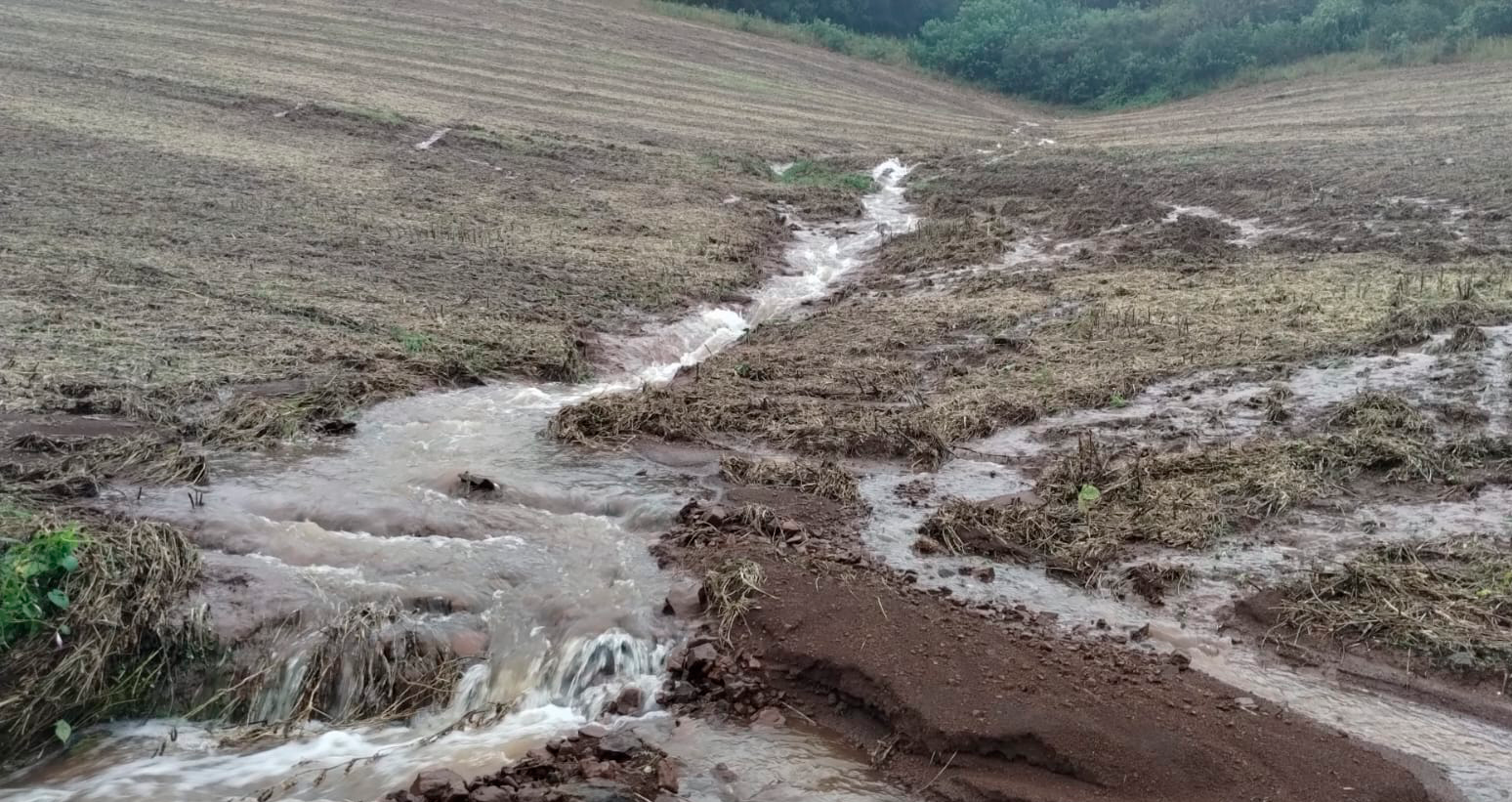 Foto de solo com valetas de água passando.