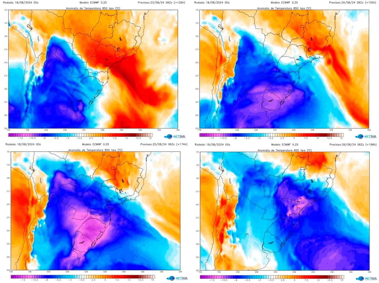 Imagem com quatro mapas mostrando avança de massa de ar frio sobre o Sul do país.