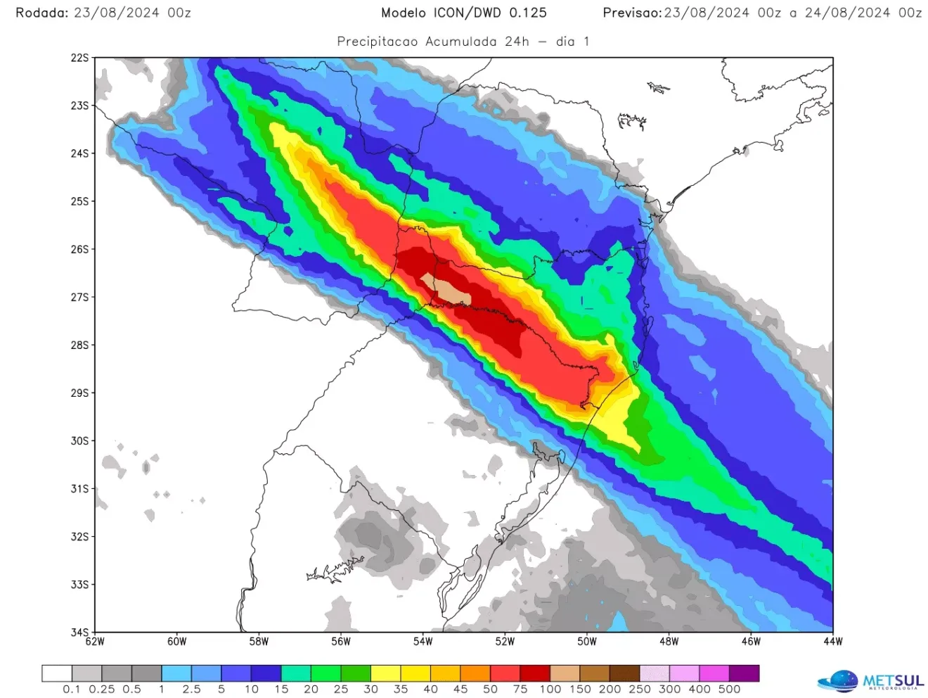 Foto de mapa mostrando projeção de chuva para 24 horas até 21h desta sexta em que se observa a possibilidade de chover com volumes altos no Oeste catarinense e em áreas da divisa do Rio Grande do Sul com Santa Catarina.