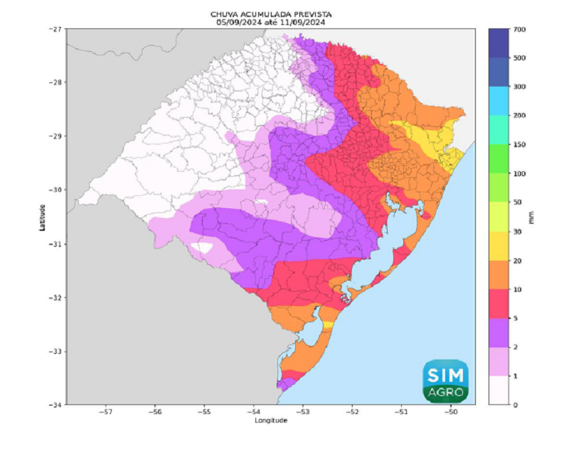 Mapa do Rio Grande do Sul indicando Chuva acumulada prevista para o período entre 05 e 11 de setembro.