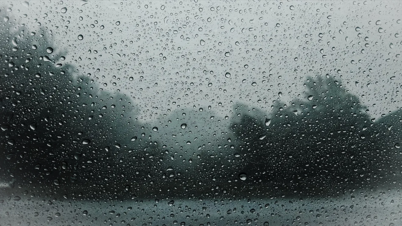 Foto de gotas de chuva em vidro com árvores ao fundo.