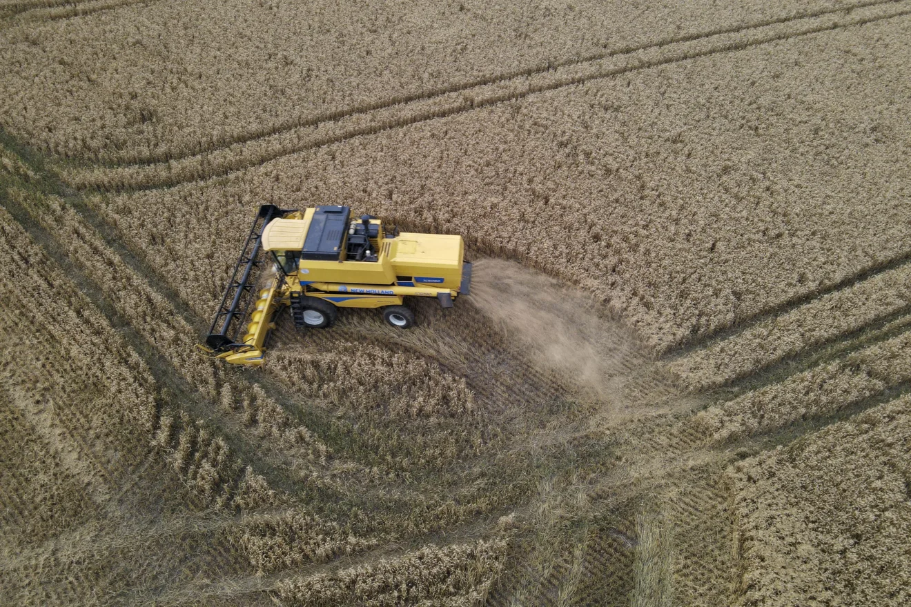 Foto área de colheitadeira amarela em lavoura de trigo.