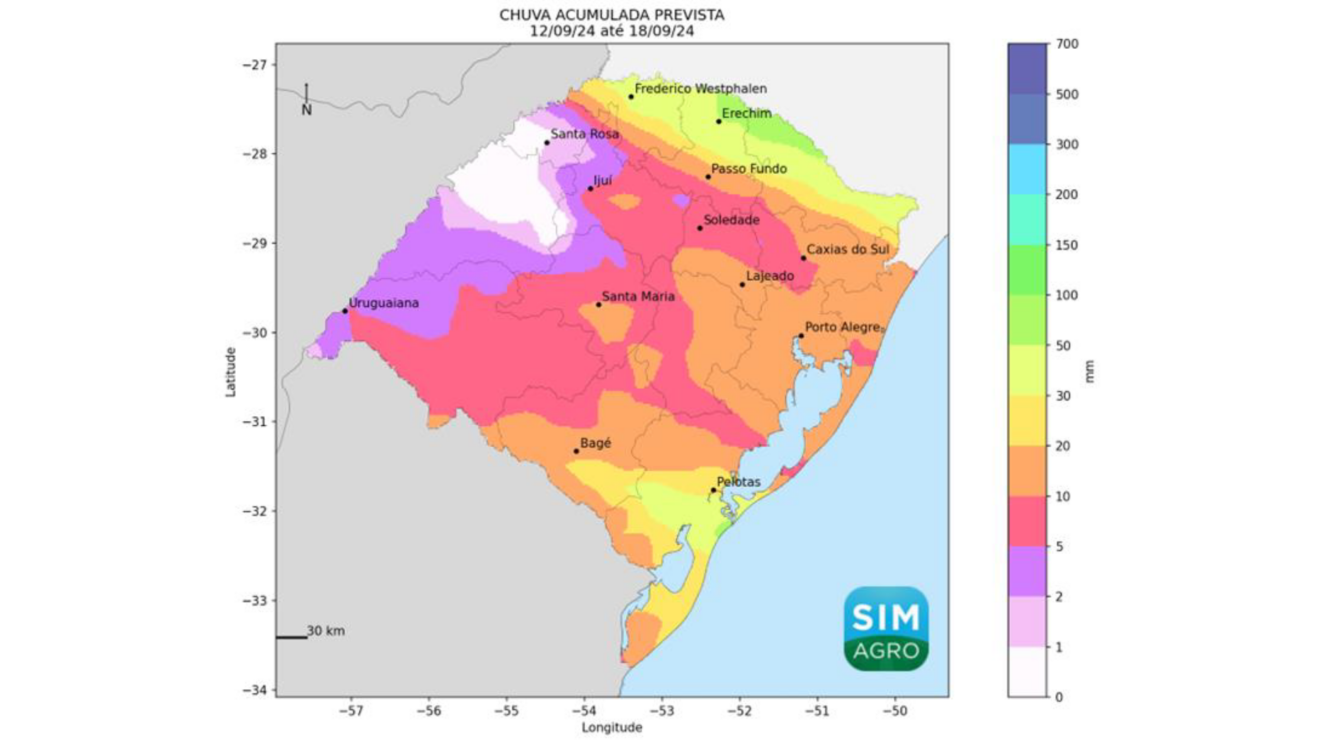 Mapa do Rio Grande do Sul com cores indicando a chuva prevista (mm) de 12 a 18 de setembro de 2024.