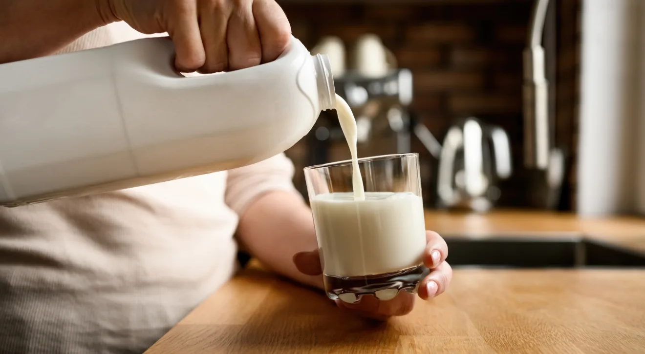 Derramando leite em copo na cozinha de casa