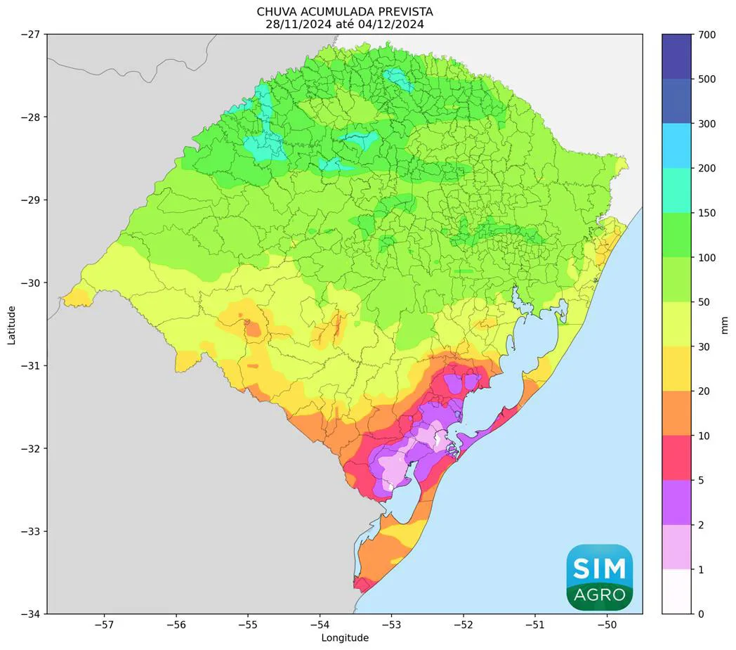 Mapa do Rio Grande do Sul com a chuva acumulada prevista entre 28/11 e 04/12.