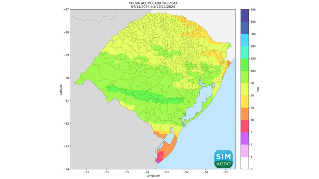 Mapa do Rio Grande do Sul indicando a chuva prevista (mm) de 7 a 13 de novembro de 2024.